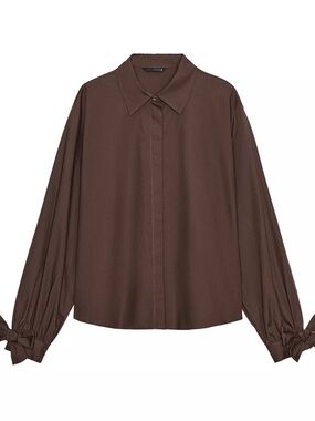 Poplin Brown Tie-Sleeve Button Front Blouse